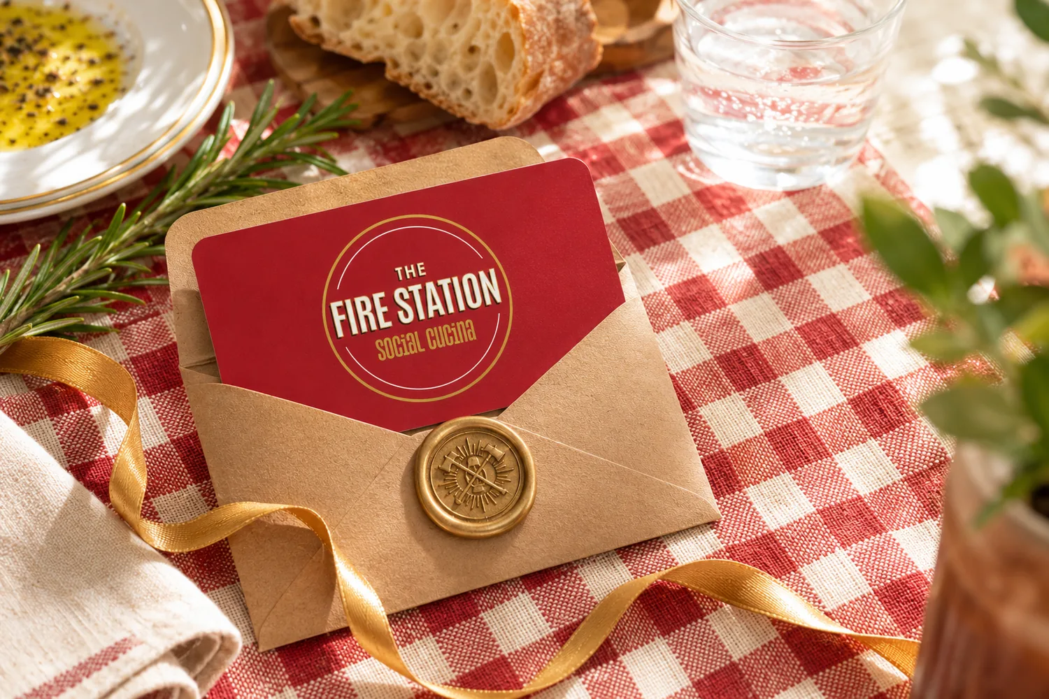 A Fire Station Social Cucina gift card half-tucked into a kraft envelope sealed with a gold wax stamp, resting on red gingham linen beside bread, rosemary and olive oil.