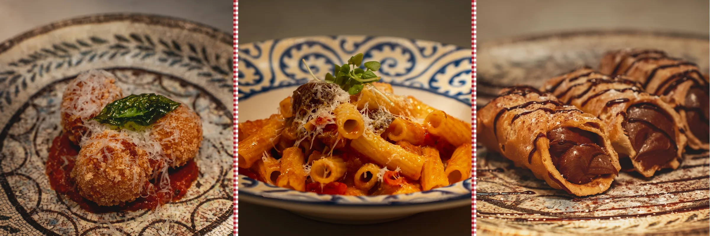 This month's Sicily dishes side by side: Arancini, Pasta alla Norma and Cannoli Siciliani
