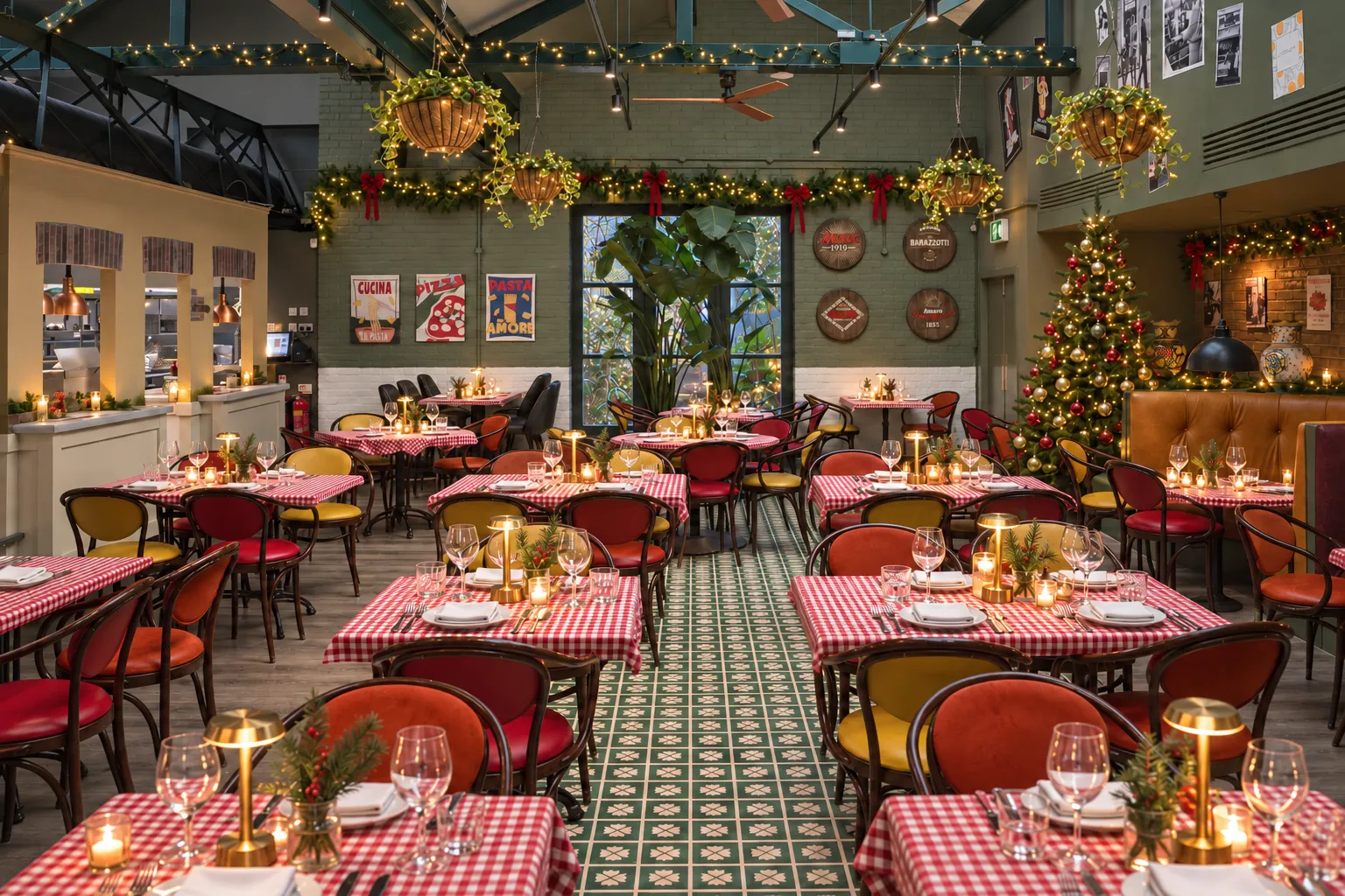 The Fire Station dining room dressed for Christmas, candles and festive lights on gingham tables